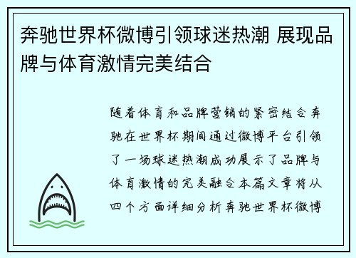 奔驰世界杯微博引领球迷热潮 展现品牌与体育激情完美结合